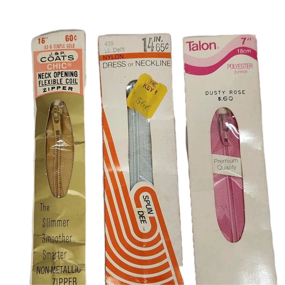 Vtg Zipper Lot 3 Talon J & P Coats Spundee Pastel Colors Dusty Rose Pale Blue